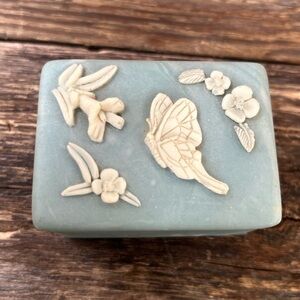 Vintage Light Blue Decorative Trinket Box with White Floral & Butterfly Relief